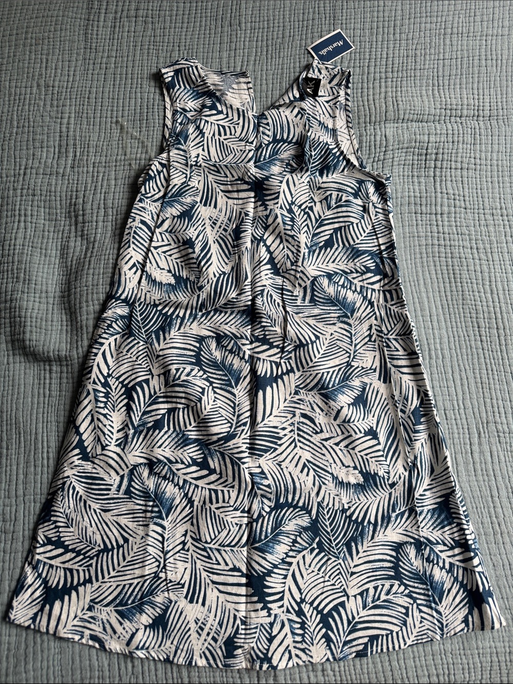 Sleeveless Palm Leaf Shift Dress - Blue & White